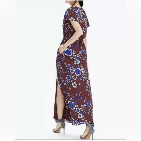 Banana Republic Burgandy Blue Floral Faux Wrap V-Neck Maxi Dress Size S - Picture 5 of 10